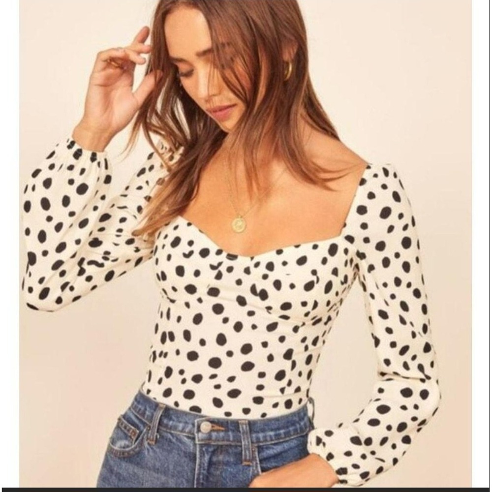 Reformation Milkmaid Blouse Polka Dot Square Neck Smocked Back White Black Top
